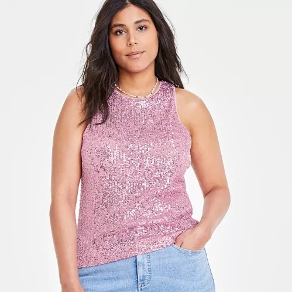 On 34th Size S Sequin Pink Sleeveless Party Tank Top